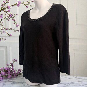 Sag Harbor Black Embellished Scoop Neck Knit Top | 3/4 Sleeve | Size M